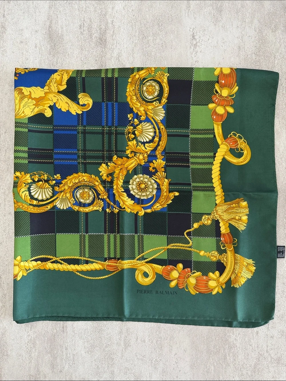 Pierre Balmain Green & Blue Tartan Silk Scarf with Gold Baroque Rope Accents